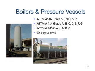 167
Boilers & Pressure Vessels
 ASTM A516 Grade 55, 60, 65, 70
 ASTM A 414 Grade A, B, C, D, E, F, G
 ASTM A 285 Grade A, B, C
 Or equivalents
 