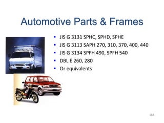 168
Automotive Parts & Frames
 JIS G 3131 SPHC, SPHD, SPHE
 JIS G 3113 SAPH 270, 310, 370, 400, 440
 JIS G 3134 SPFH 490, SPFH 540
 DBL E 260, 280
 Or equivalents
 