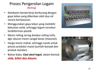 20
Proses Pengerolan Logam
(Rolling)
• Ketebalan benda kerja berkurang dengan
gaya tekan yang diberikan oleh dua rol
secara berlawanan.
• Menggunakan gaya tekan yang melebihi
kekuatan yield, sehingga logam tersebut
terdeformasi plastik.
• Mesin rolling sering disebut rolling mills,
dgn ukuran mesin sangat besar (massive).
• Harga mesin mahal, sehingga cocok untuk
proses produksi masal (jumlah banyak dan
produk standar).
• Bahan baku: Cast steel ingot, dalam bentuk
slab, billet dan bloom.
 