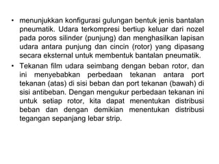 • menunjukkan konfigurasi gulungan bentuk jenis bantalan
pneumatik. Udara terkompresi bertiup keluar dari nozel
pada poros silinder (punjung) dan menghasilkan lapisan
udara antara punjung dan cincin (rotor) yang dipasang
secara eksternal untuk membentuk bantalan pneumatik.
• Tekanan film udara seimbang dengan beban rotor, dan
ini menyebabkan perbedaan tekanan antara port
tekanan (atas) di sisi beban dan port tekanan (bawah) di
sisi antibeban. Dengan mengukur perbedaan tekanan ini
untuk setiap rotor, kita dapat menentukan distribusi
beban dan dengan demikian menentukan distribusi
tegangan sepanjang lebar strip.
 