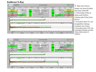 Kalibrasi X-Ray
1. Buka menu Process
dengan cara tekan di taskbar
atau tekan tombol F2
2. Ubah keadan X-Ray ke
dalam mode ParkPos.
Lakukan pada X-Ray kanan
dan kiri
3. Kemudian tekan CS ( saat
mengkalibrasi dilarang
mendekati area X-Ray)
4. Kemudian tekan YES, lalu
menunggu beberapa saat dan
X-Ray telah selesai di
kalibrasi
 