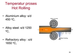 39
Temperatur proses
Hot Rolling
• Aluminium alloy: s/d
450 oC,
• Alloy steel: s/d 1250
oC,
• Refractory alloy : s/d
1650 oC,
 