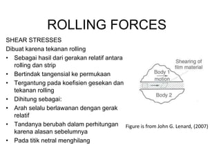 ROLLING FORCES
SHEAR STRESSES
Dibuat karena tekanan rolling
• Sebagai hasil dari gerakan relatif antara
rolling dan strip
• Bertindak tangensial ke permukaan
• Tergantung pada koefisien gesekan dan
tekanan rolling
• Dihitung sebagai:
• Arah selalu berlawanan dengan gerak
relatif
• Tandanya berubah dalam perhitungan
karena alasan sebelumnya
• Pada titik netral menghilang
Figure is from John G. Lenard, (2007)
 