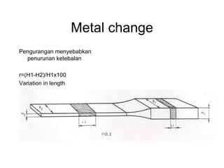 Metal change
Pengurangan menyebabkan
penurunan ketebalan
r=(H1-H2)/H1x100
Variation in length
 