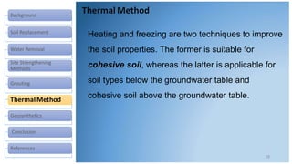 Background
Soil Replacement
Water Removal
Site Strengthening
Methods
Grouting
Thermal Method
Geosynthetics
Conclusion
References
18
Heating and freezing are two techniques to improve
the soil properties. The former is suitable for
cohesive soil, whereas the latter is applicable for
soil types below the groundwater table and
cohesive soil above the groundwater table.
Thermal Method
 