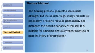 Background
Soil Replacement
Water Removal
Site Strengthening
Methods
Grouting
Thermal Method
Geosynthetics
Conclusion
References
19
The heating process generates irreversible
strength, but the need for high energy restricts its
practicality. Freezing reduces permeability and
increases the bearing capacity of the soil. It is
suitable for tunneling and excavation to reduce or
stop the inflow of groundwater.
Thermal Method
 