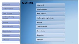 Background
Soil Replacement
Water Removal
Site Strengthening
Methods
Grouting
Thermal Method
Geosynthetics
Conclusion
References
Outline
2
Background
Soil Replacement
Water Removal
Site Strengthening Methods
Grouting
Thermal Method
Geosynthetics
Conclusion
References
 