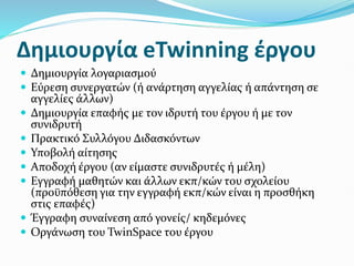 Δημιουργία eTwinning έργου
 Δημιουργία λογαριασμού
 Εύρεση συνεργατών (ή ανάρτηση αγγελίας ή απάντηση σε
αγγελίες άλλων)
 Δημιουργία επαφής με τον ιδρυτή του έργου ή με τον
συνιδρυτή
 Πρακτικό Συλλόγου Διδασκόντων
 Υποβολή αίτησης
 Αποδοχή έργου (αν είμαστε συνιδρυτές ή μέλη)
 Εγγραφή μαθητών και άλλων εκπ/κών του σχολείου
(προϋπόθεση για την εγγραφή εκπ/κών είναι η προσθήκη
στις επαφές)
 Έγγραφη συναίνεση από γονείς/ κηδεμόνες
 Οργάνωση του TwinSpace του έργου
 