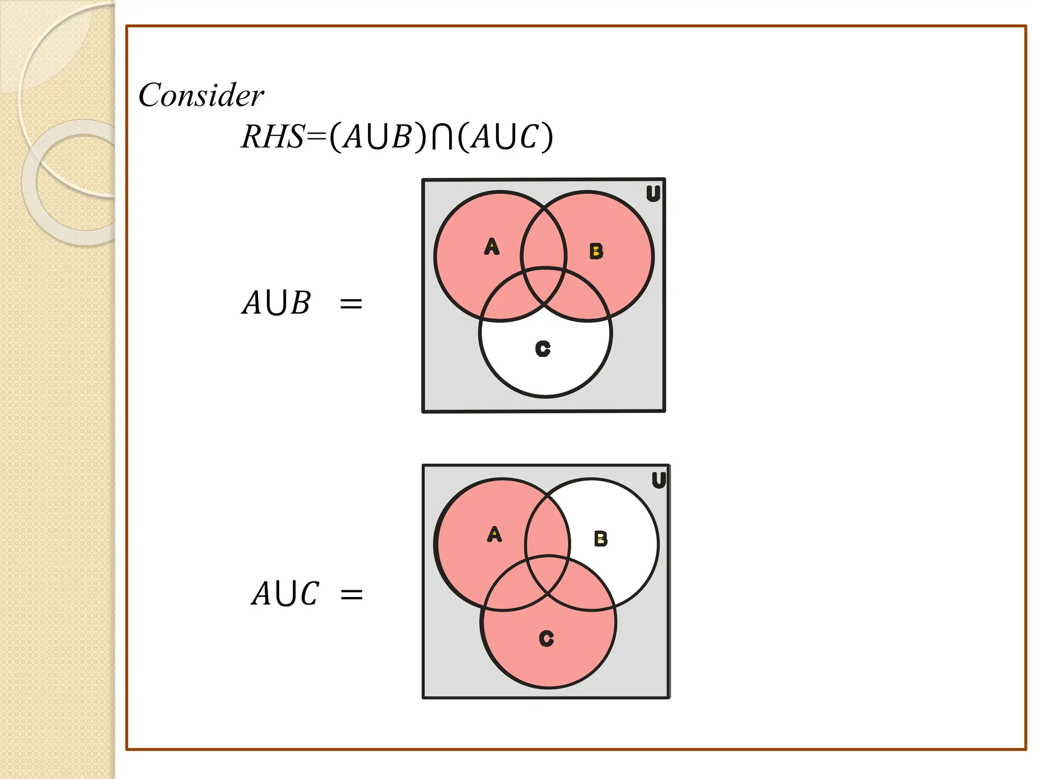 Consider
RHS= 𝐴⋃𝐵 ⋂ 𝐴⋃𝐶
𝐴⋃𝐵 =
𝐴⋃𝐶 =
B
A
C
U
B
A
C
U
 