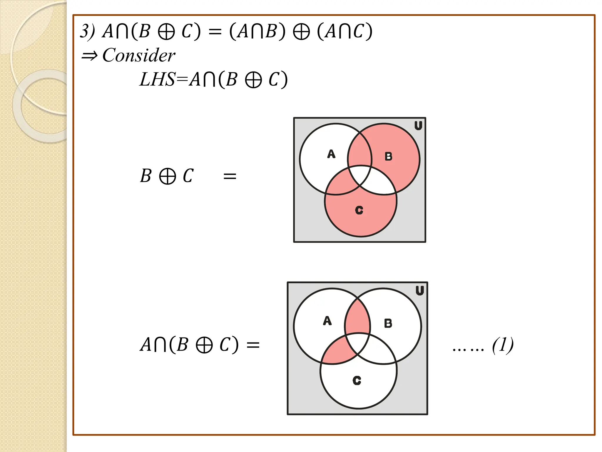 3) 𝐴⋂ 𝐵 ⊕ 𝐶 = 𝐴⋂𝐵 ⊕ 𝐴⋂𝐶
⇒ Consider
LHS=𝐴⋂ 𝐵 ⊕ 𝐶
𝐵 ⊕ 𝐶 =
𝐴⋂ 𝐵 ⊕ 𝐶 = …… (1)
B
A
C
U
B
A
C
U
 
