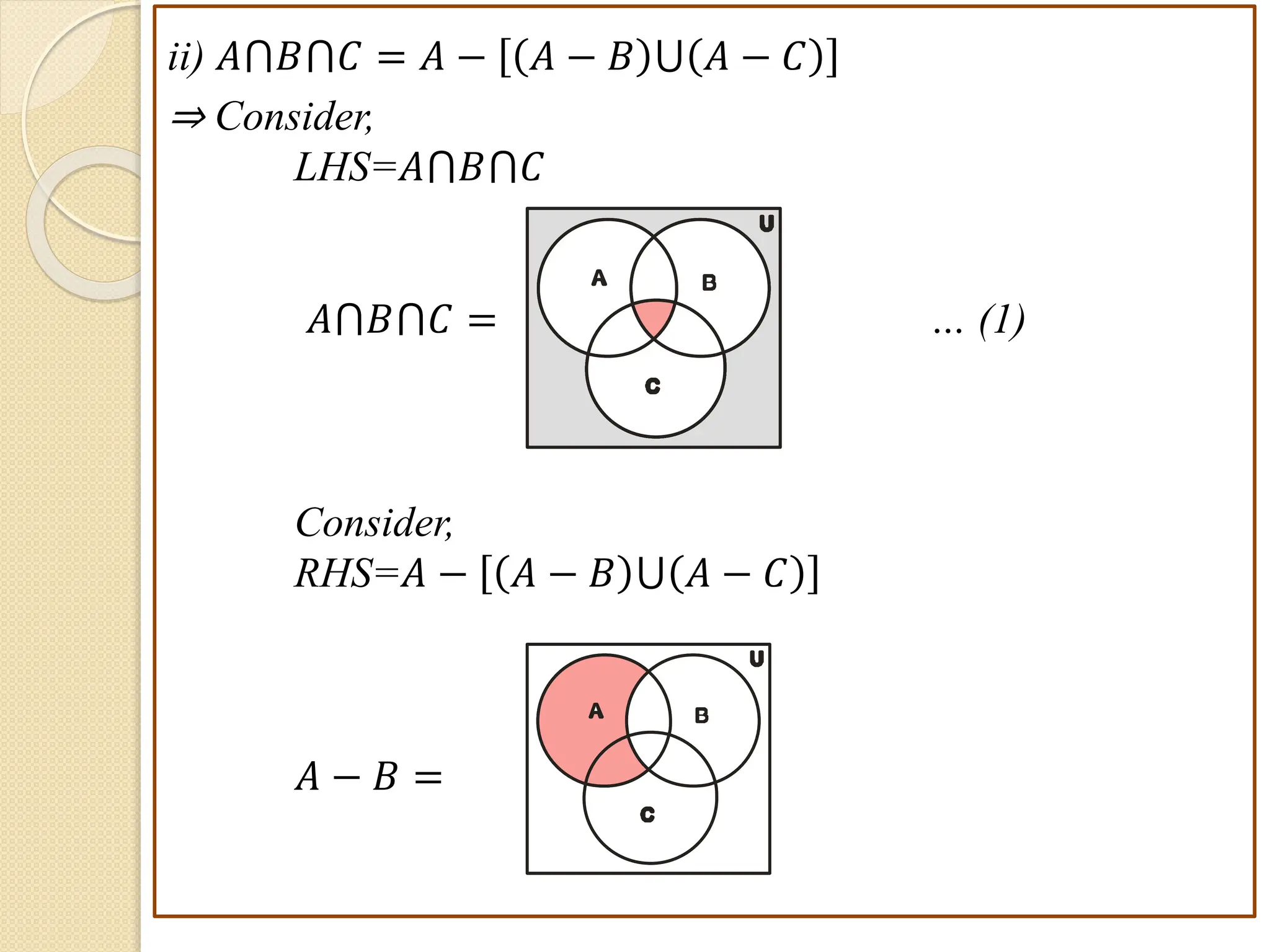 ii) 𝐴⋂𝐵⋂𝐶 = 𝐴 − 𝐴 − 𝐵 ⋃ 𝐴 − 𝐶
⇒ Consider,
LHS=𝐴⋂𝐵⋂𝐶
𝐴⋂𝐵⋂𝐶 = … (1)
Consider,
RHS=𝐴 − 𝐴 − 𝐵 ⋃ 𝐴 − 𝐶
𝐴 − 𝐵 =
B
A
C
U
B
A
C
U
 