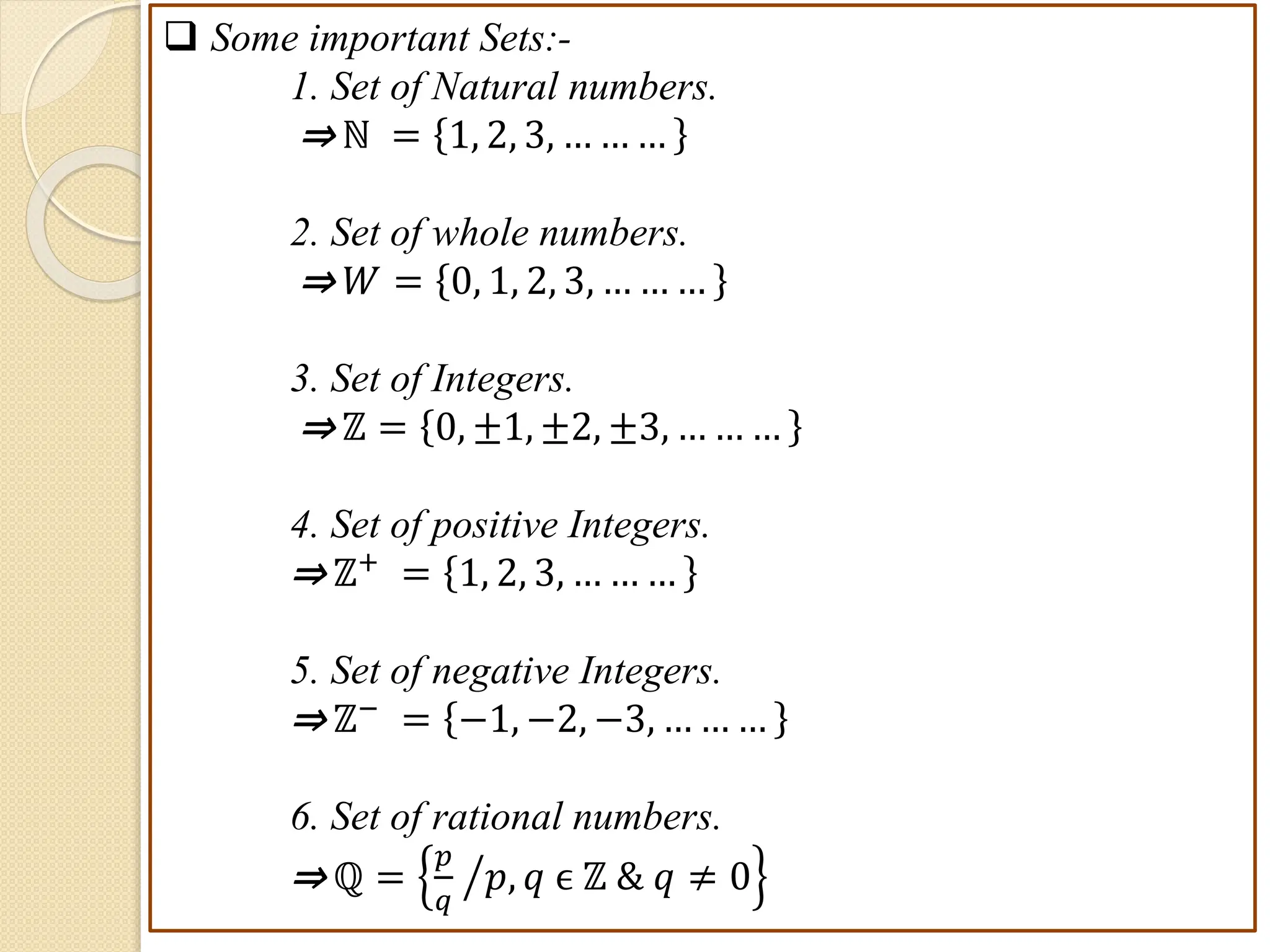  Some important Sets:-
1. Set of Natural numbers.
⇒ ℕ = 1, 2, 3, … … …
2. Set of whole numbers.
⇒ 𝑊 = 0, 1, 2, 3, … … …
3. Set of Integers.
⇒ ℤ = 0, ±1, ±2, ±3, … … …
4. Set of positive Integers.
⇒ ℤ+
= 1, 2, 3, … … …
5. Set of negative Integers.
⇒ ℤ− = −1, −2, −3, … … …
6. Set of rational numbers.
⇒ ℚ =
𝑝
𝑞
𝑝, 𝑞 ϵ ℤ & 𝑞 ≠ 0
 