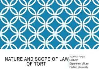 NATURE AND SCOPE OF LAW
OF TORT
Md. Omar Farque
Lecturer,
Department of Law
Eastern University
 
