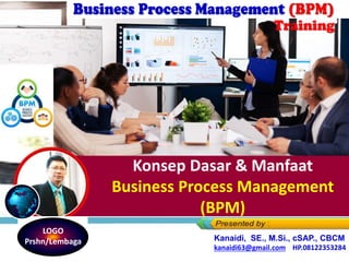Konsep Dasar & Manfaat
Business Process Management
(BPM)
Kanaidi, SE., M.Si., cSAP., CBCM
kanaidi63@gmail.com HP.08122353284
LOGO
Prshn/Lembaga
 