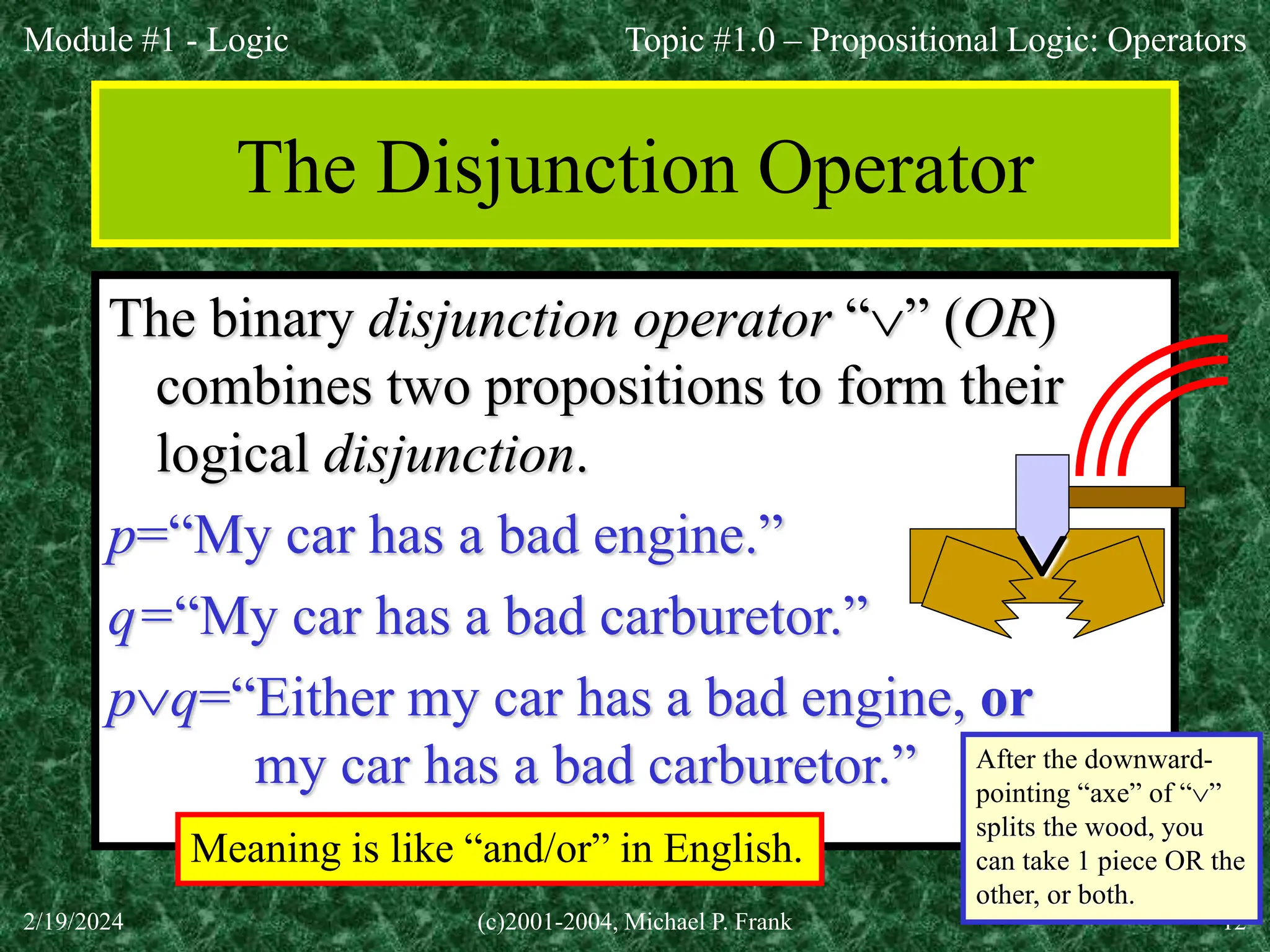 Module #1 - Logic
2/19/2024 (c)2001-2004, Michael P. Frank 12
The Disjunction Operator
The binary disjunction operator “” (OR)
combines two propositions to form their
logical disjunction.
p=“My car has a bad engine.”
q=“My car has a bad carburetor.”
pq=“Either my car has a bad engine, or
my car has a bad carburetor.” After the downward-
pointing “axe” of “”
splits the wood, you
can take 1 piece OR the
other, or both.

Topic #1.0 – Propositional Logic: Operators
Meaning is like “and/or” in English.
 