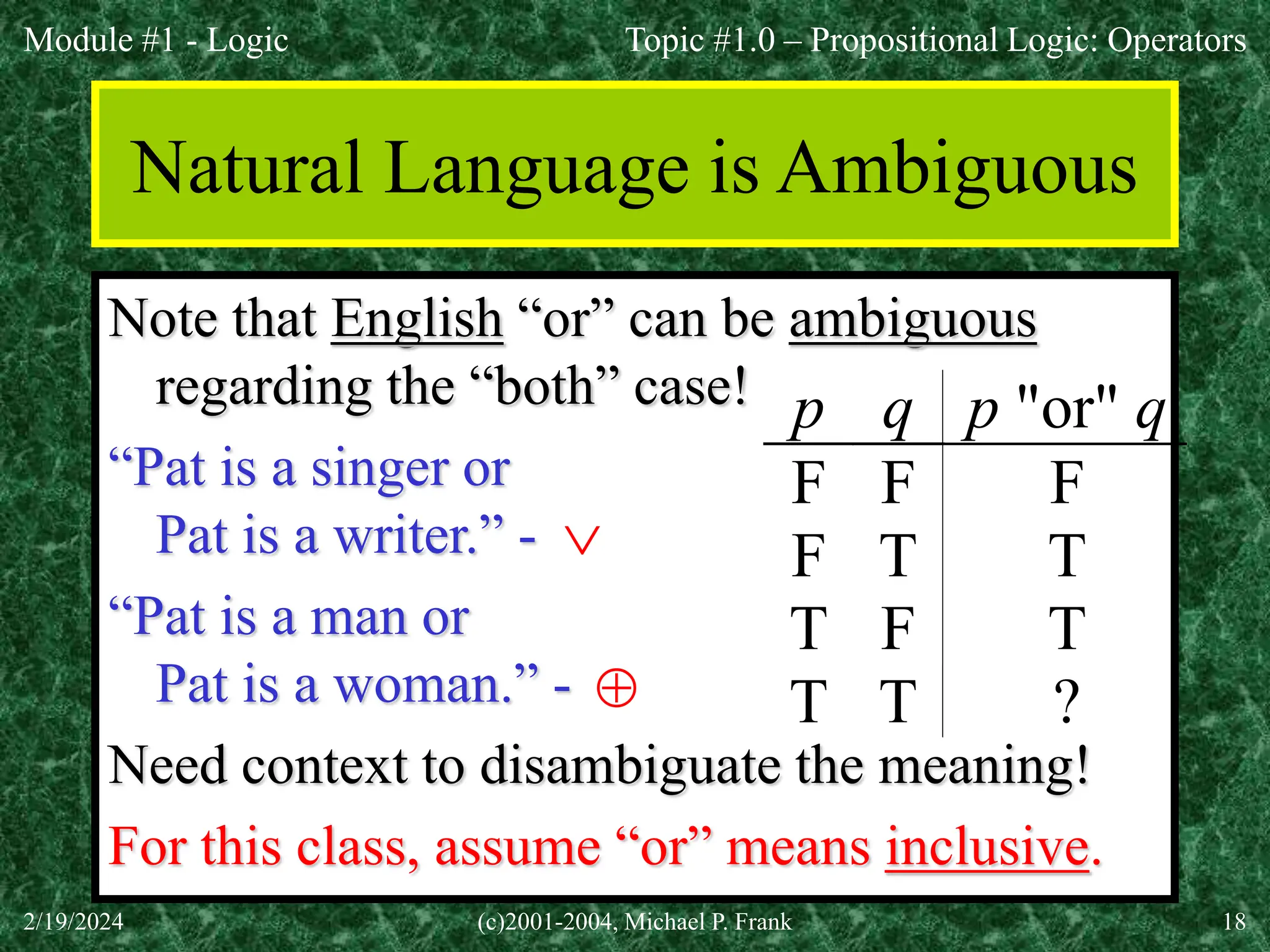 Module #1 - Logic
2/19/2024 (c)2001-2004, Michael P. Frank 18
Note that English “or” can be ambiguous
regarding the “both” case!
“Pat is a singer or
Pat is a writer.” -
“Pat is a man or
Pat is a woman.” -
Need context to disambiguate the meaning!
For this class, assume “or” means inclusive.
Natural Language is Ambiguous
p q p "or" q
F F F
F T T
T F T
T T ?


Topic #1.0 – Propositional Logic: Operators
 