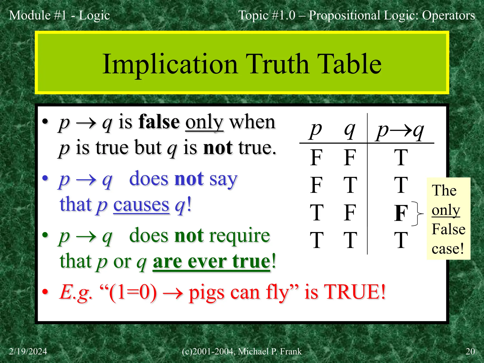 Module #1 - Logic
2/19/2024 (c)2001-2004, Michael P. Frank 20
Implication Truth Table
• p  q is false only when
p is true but q is not true.
• p  q does not say
that p causes q!
• p  q does not require
that p or q are ever true!
• E.g. “(1=0)  pigs can fly” is TRUE!
p q pq
F F T
F T T
T F F
T T T
The
only
False
case!
Topic #1.0 – Propositional Logic: Operators
 