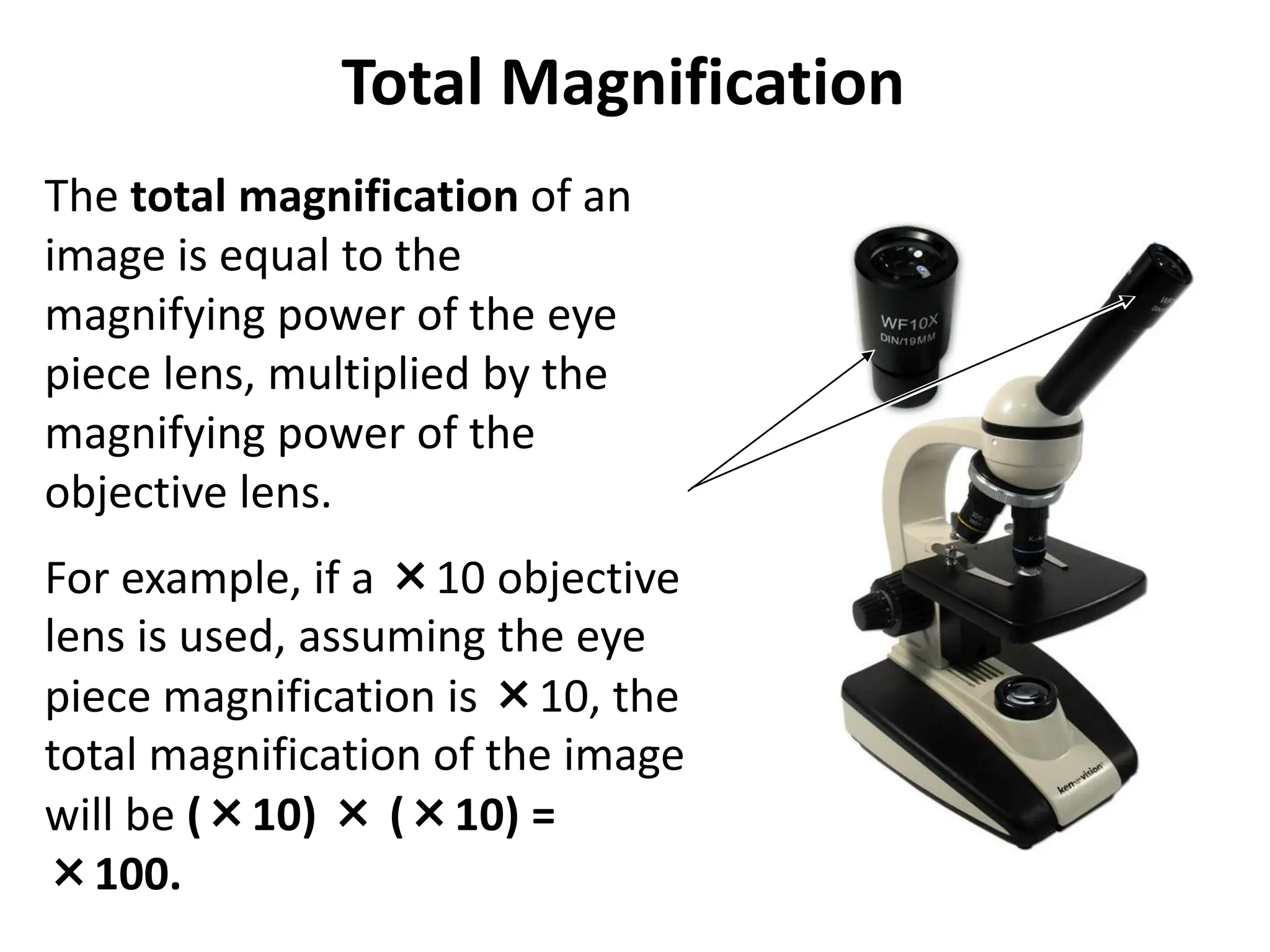 Total Magnification
The total magnification of an
image is equal to the
magnifying power of the eye
piece lens, multiplied by the
magnifying power of the
objective lens.
For example, if a ×10 objective
lens is used, assuming the eye
piece magnification is ×10, the
total magnification of the image
will be (×10) × (×10) =
×100.
 