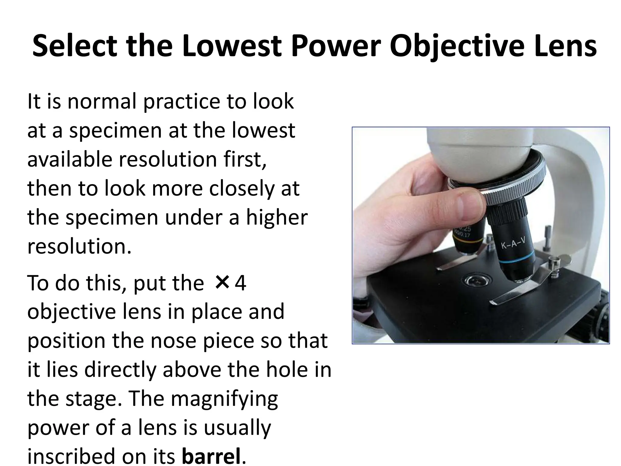 Select the Lowest Power Objective Lens
To do this, put the ×4
objective lens in place and
position the nose piece so that
it lies directly above the hole in
the stage. The magnifying
power of a lens is usually
inscribed on its barrel.
It is normal practice to look
at a specimen at the lowest
available resolution first,
then to look more closely at
the specimen under a higher
resolution.
 
