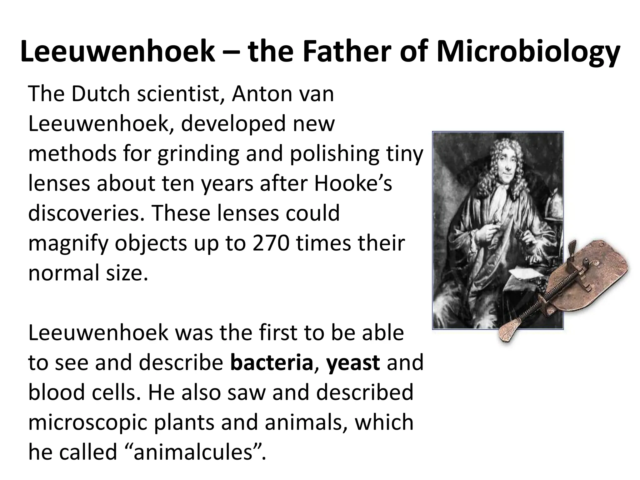 Leeuwenhoek – the Father of Microbiology
The Dutch scientist, Anton van
Leeuwenhoek, developed new
methods for grinding and polishing tiny
lenses about ten years after Hooke’s
discoveries. These lenses could
magnify objects up to 270 times their
normal size.
Leeuwenhoek was the first to be able
to see and describe bacteria, yeast and
blood cells. He also saw and described
microscopic plants and animals, which
he called “animalcules”.
 