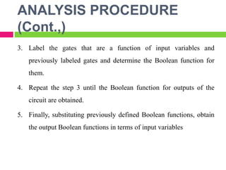 ANALYSIS PROCEDURE
(Cont.,)
3. Label the gates that are a function of input variables and
previously labeled gates and determine the Boolean function for
them.
4. Repeat the step 3 until the Boolean function for outputs of the
circuit are obtained.
5. Finally, substituting previously defined Boolean functions, obtain
the output Boolean functions in terms of input variables
 