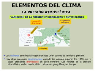 Las isobaras son líneas imaginarias que unen puntos de la misma presión.

B A
La presión
disminuye
La presión
aumenta
Isobaras
VARIACIÓN DE LA PRESION EN BORRASCAS Y ANTICICLONES
 Hay altas presiones (anticiclones) cuando los valores superan los 1013 mb, y
bajas presiones (borrascas) en caso contrario. Los valores de la presión
atmosférica varían con la altitud, situación geográfica y el tiempo.
ELEMENTOS DEL CLIMA
LA PRESIÓN ATMOSFÉRICA
 