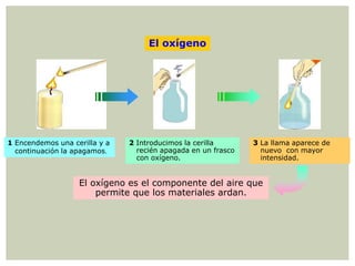 1 Encendemos una cerilla y a
continuación la apagamos.
2 Introducimos la cerilla
recién apagada en un frasco
con oxígeno.
3 La llama aparece de
nuevo con mayor
intensidad.
El oxígeno es el componente del aire que
permite que los materiales ardan.
El oxígeno
 