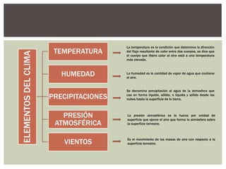ELEMENTOS
DEL
CLIMA
TEMPERATURA
HUMEDAD
PRECIPITACIONES
PRESIÓN
ATMOSFÉRICA
VIENTOS
La temperatura es la condición que determina la dirección
del flujo resultante de calor entre dos cuerpos, se dice que
el cuerpo que libera calor al otro está a una temperatura
más elevada.
La humedad es la cantidad de vapor de agua que contiene
el aire.
Se denomina precipitación al agua de la atmosfera que
cae en forma líquida, sólida, o líquida y sólida desde las
nubes hasta la superficie de la tierra.
La presión atmosférica es la fuerza por unidad de
superficie que ejerce el aire que forma la atmósfera sobre
la superficie terrestre.
Es el movimiento de las masas de aire con respecto a la
superficie terrestre.
 