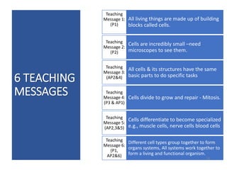 6 TEACHING
MESSAGES
All living things are made up of building
blocks called cells.
Teaching
Message 1:
(P1)
Cells are incredibly small –need
microscopes to see them.
Teaching
Message 2:
(P2)
All cells & its structures have the same
basic parts to do specific tasks
Teaching
Message 3:
(AP2&4)
Cells divide to grow and repair - Mitosis.
Teaching
Message 4:
(P3 & AP1)
Cells differentiate to become specialized
e.g., muscle cells, nerve cells blood cells
Teaching
Message 5:
(AP2,3&5)
Different cell types group together to form
organs systems, All systems work together to
form a living and functional organism.
Teaching
Message 6:
(P1,
AP2&6) 16
 