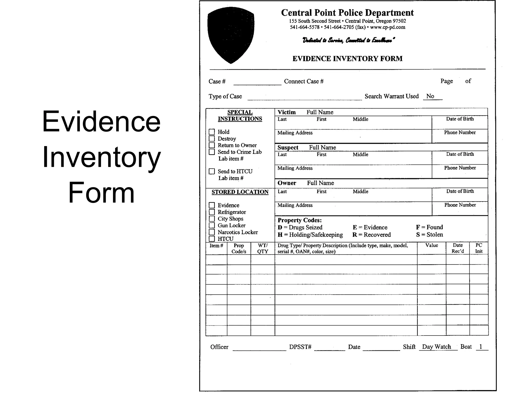 Evidence
Inventory
Form
 