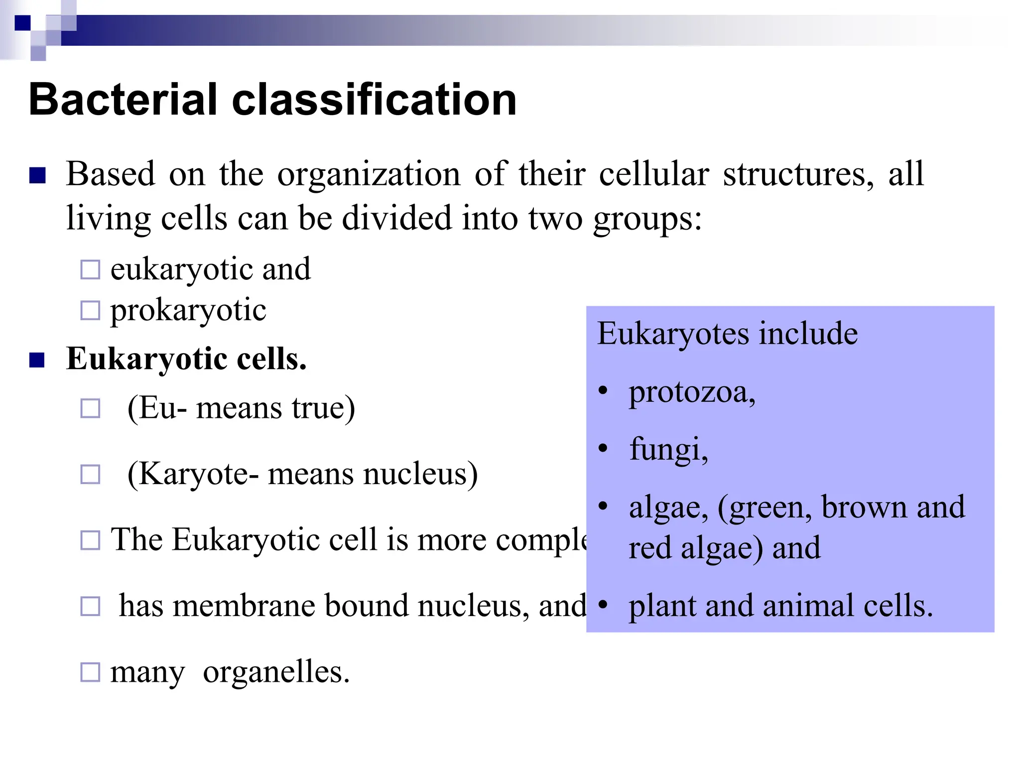 Bacterial classification
 Based on the organization of their cellular structures, all
living cells can be divided into two groups:
 eukaryotic and
 prokaryotic
 Eukaryotic cells.
 (Eu- means true)
 (Karyote- means nucleus)
 The Eukaryotic cell is more complex,
 has membrane bound nucleus, and
 many organelles.
Eukaryotes include
• protozoa,
• fungi,
• algae, (green, brown and
red algae) and
• plant and animal cells.
 