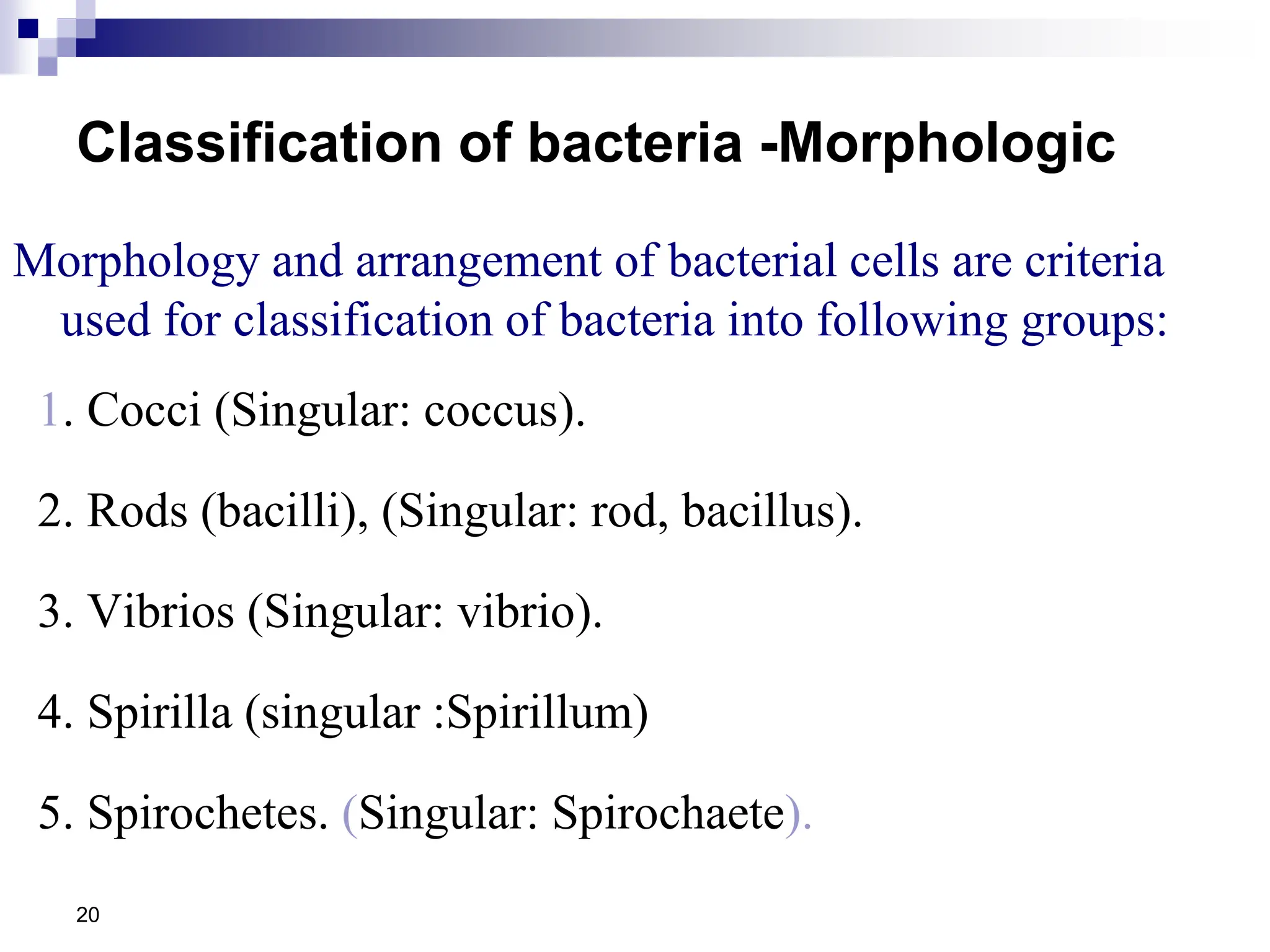 Classification of bacteria -Morphologic
Morphology and arrangement of bacterial cells are criteria
used for classification of bacteria into following groups:
1. Cocci (Singular: coccus).
2. Rods (bacilli), (Singular: rod, bacillus).
3. Vibrios (Singular: vibrio).
4. Spirilla (singular :Spirillum)
5. Spirochetes. (Singular: Spirochaete).
20
 
