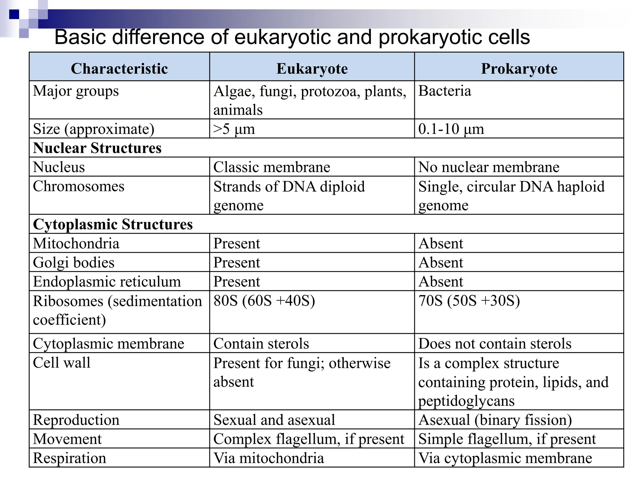 Characteristic Eukaryote Prokaryote
Major groups Algae, fungi, protozoa, plants,
animals
Bacteria
Size (approximate) >5 μm 0.1-10 μm
Nuclear Structures
Nucleus Classic membrane No nuclear membrane
Chromosomes Strands of DNA diploid
genome
Single, circular DNA haploid
genome
Cytoplasmic Structures
Mitochondria Present Absent
Golgi bodies Present Absent
Endoplasmic reticulum Present Absent
Ribosomes (sedimentation
coefficient)
80S (60S +40S) 70S (50S +30S)
Cytoplasmic membrane Contain sterols Does not contain sterols
Cell wall Present for fungi; otherwise
absent
Is a complex structure
containing protein, lipids, and
peptidoglycans
Reproduction Sexual and asexual Asexual (binary fission)
Movement Complex flagellum, if present Simple flagellum, if present
Respiration Via mitochondria Via cytoplasmic membrane
Basic difference of eukaryotic and prokaryotic cells
 