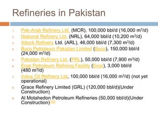 Refineries in Pakistan
1. Pak-Arab Refinery Ltd. (MCR), 100,000 bbl/d (16,000 m3/d)
2. National Refinery Ltd. (NRL), 64,000 bbl/d (10,200 m3/d)
3. Attock Refinery Ltd. (ARL), 46,000 bbl/d (7,300 m3/d)
4. Byco Petroleum Pakistan Limited (Byco), 150,000 bbl/d
(24,000 m3/d)
5. Pakistan Refinery Ltd. (PRL), 50,000 bbl/d (7,900 m3/d)
6. Enar Petroleum Refining Facility (Enar), 3,000 bbl/d
(480 m3/d)
7. Indus Oil Refinery Ltd, 100,000 bbl/d (16,000 m3/d) (not yet
operational)
8. Grace Refinery Limited (GRL) (120,000 bbl/d)(Under
Construction)
9. Al Motahedon Petroleum Refineries (50,000 bbl/d)(Under
Construction)[19]
 