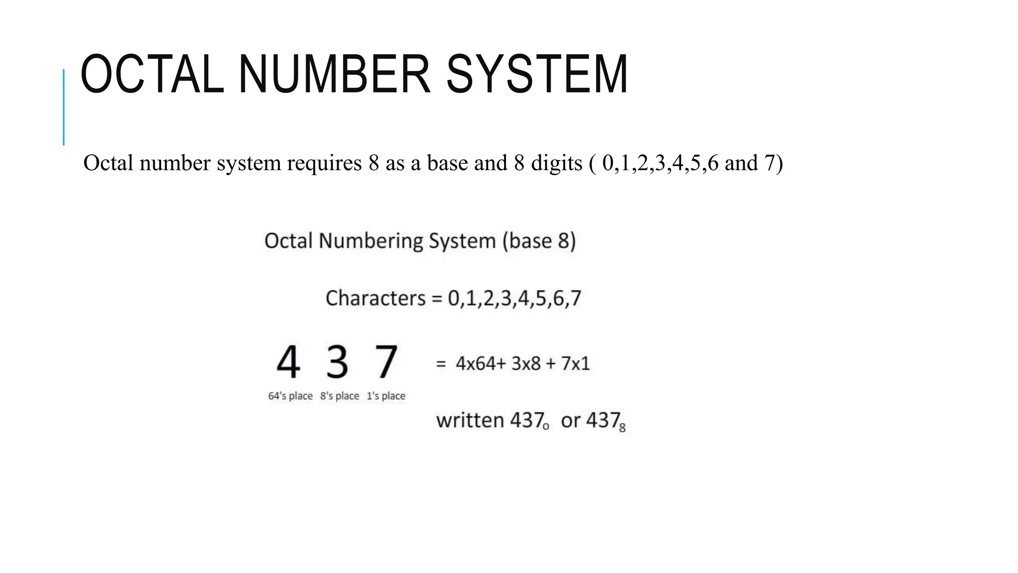 OCTAL NUMBER SYSTEM
Octal number system requires 8 as a base and 8 digits ( 0,1,2,3,4,5,6 and 7)
 
