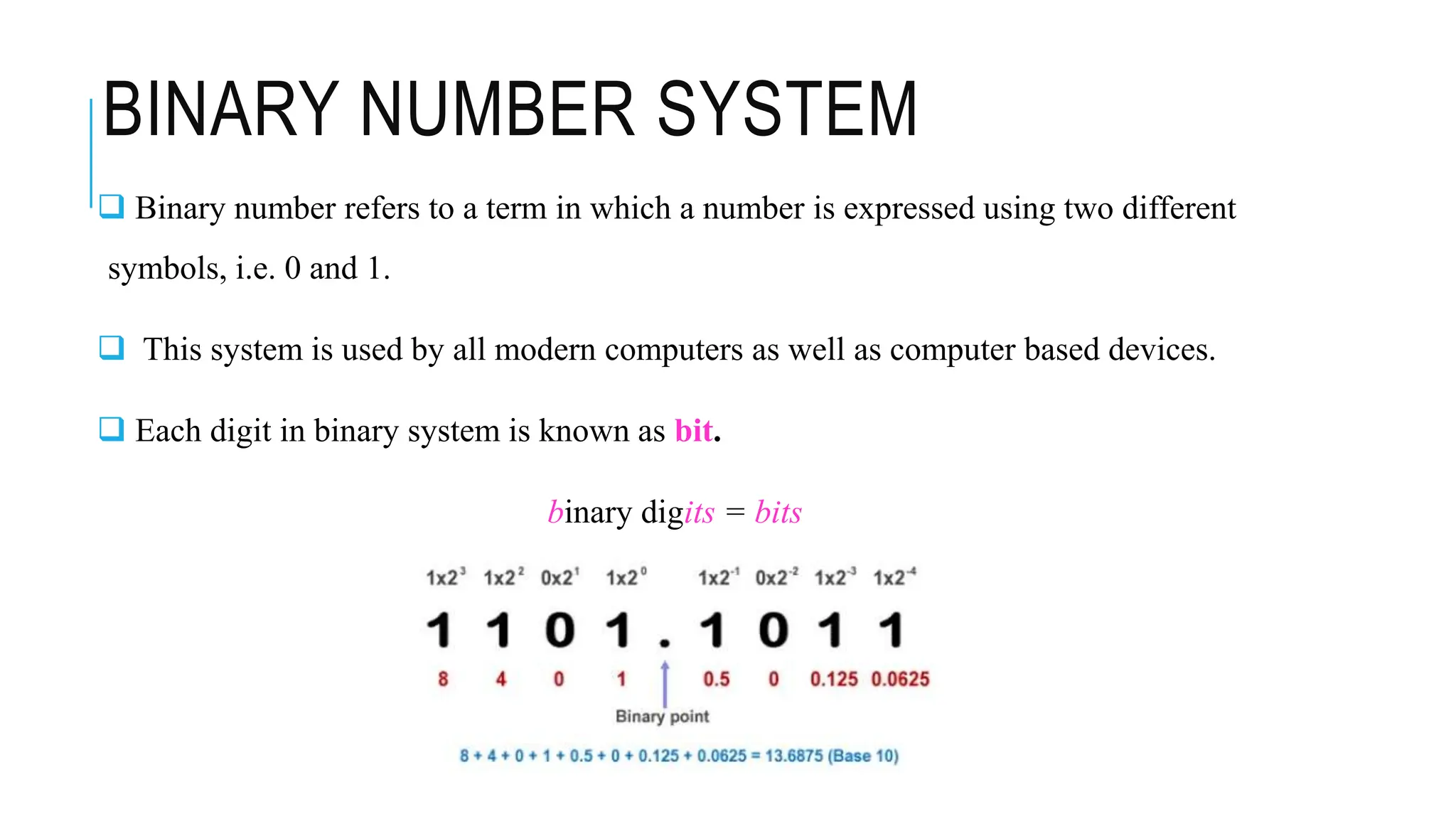 BINARY NUMBER SYSTEM
 Binary number refers to a term in which a number is expressed using two different
symbols, i.e. 0 and 1.
 This system is used by all modern computers as well as computer based devices.
 Each digit in binary system is known as bit.
binary digits = bits
 