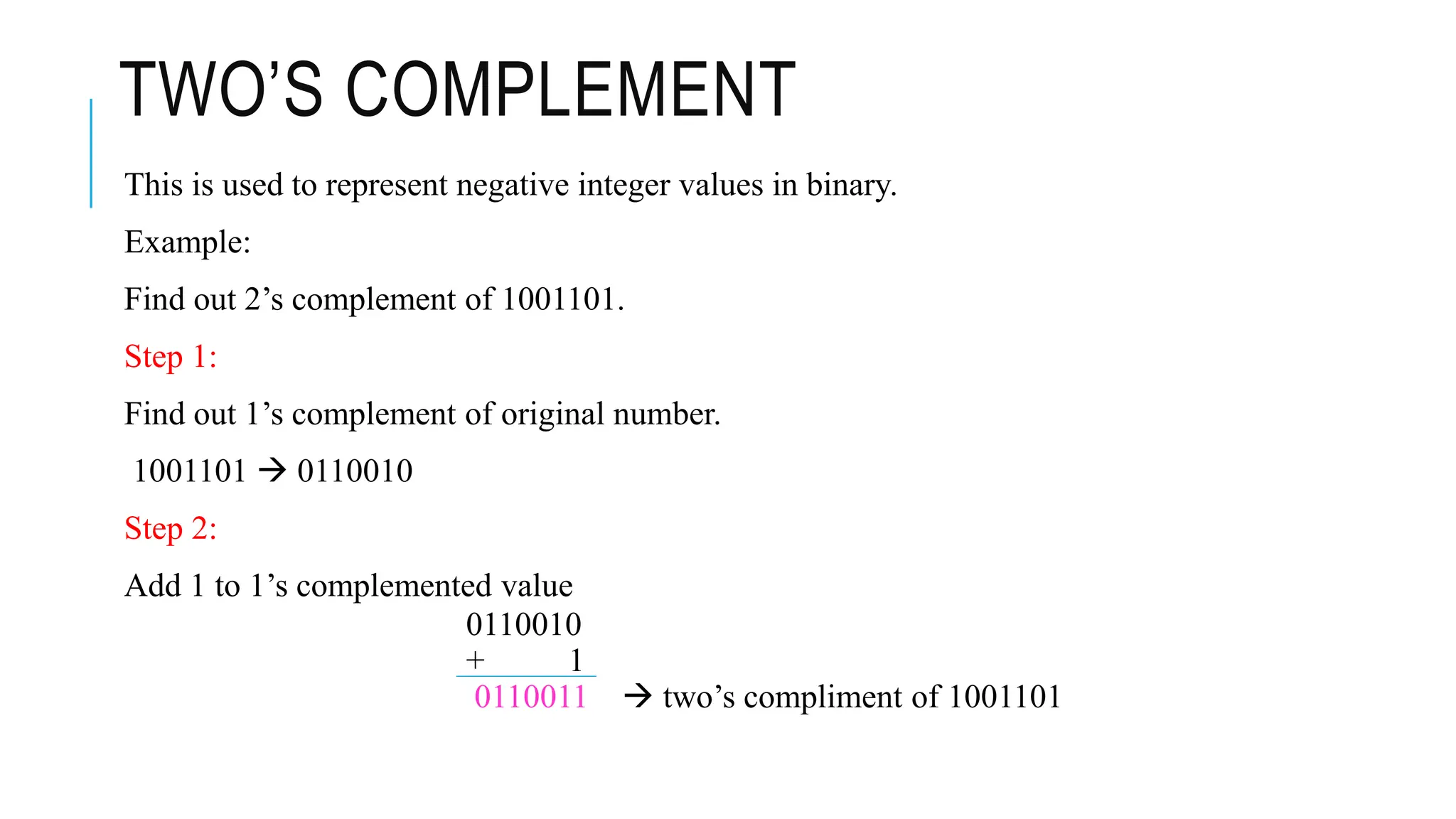 TWO’S COMPLEMENT
This is used to represent negative integer values in binary.
Example:
Find out 2’s complement of 1001101.
Step 1:
Find out 1’s complement of original number.
1001101  0110010
Step 2:
Add 1 to 1’s complemented value
0110010
+ 1
0110011  two’s compliment of 1001101
 