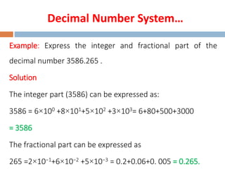 Decimal Number System…
Example: Express the integer and fractional part of the
decimal number 3586.265 .
Solution
The integer part (3586) can be expressed as:
3586 = 6×100 +8×101+5×102 +3×103= 6+80+500+3000
= 3586
The fractional part can be expressed as
265 =2×10−1+6×10−2 +5×10−3 = 0.2+0.06+0. 005 = 0.265.
 