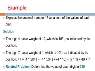 Example
 Express the decimal number 47 as a sum of the values of each
digit.
Solution
 The digit 4 has a weight of 10, which is 101 , as indicated by its
position.
 The digit 7 has a weight of 1, which is 100 , as indicated by its
position. 47 = (4 * 101 ) + (7 * 100 ) = (4 * 10) + (7 * 1) = 40 + 7
 Related Problem: Determine the value of each digit in 939
 