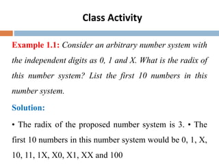 Class Activity
Example 1.1: Consider an arbitrary number system with
the independent digits as 0, 1 and X. What is the radix of
this number system? List the first 10 numbers in this
number system.
Solution:
• The radix of the proposed number system is 3. • The
first 10 numbers in this number system would be 0, 1, X,
10, 11, 1X, X0, X1, XX and 100
 