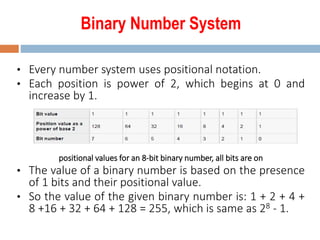 Binary Number System
• Every number system uses positional notation.
• Each position is power of 2, which begins at 0 and
increase by 1.
positional values for an 8-bit binary number, all bits are on
• The value of a binary number is based on the presence
of 1 bits and their positional value.
• So the value of the given binary number is: 1 + 2 + 4 +
8 +16 + 32 + 64 + 128 = 255, which is same as 28 - 1.
 