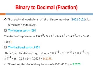 Binary to Decimal (Fraction)
 The decimal equivalent of the binary number (1001.0101)2 is
determined as follows:
 The integer part = 1001
The decimal equivalent = 1 × 20+ 0 × 21 + 0 × 22 + 1 × 23= 1 + 0 + 0
+ 8 = 9
 The fractional part = .0101
Therefore, the decimal equivalent = 0 × 2−1 + 1 × 2−2 + 0 × 2−3 + 1
× 2−4 = 0 + 0.25 + 0 + 0.0625 = 0.3125.
• Therefore, the decimal equivalent of (1001.0101)2 = 9.3125
 