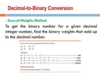 Decimal-to-Binary Conversion
 Sum-of-Weights Method
To get the binary number for a given decimal
integer number, find the binary weights that add up
to the decimal number.
 