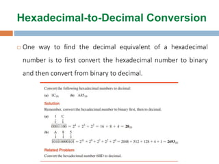 Hexadecimal-to-Decimal Conversion
 One way to find the decimal equivalent of a hexadecimal
number is to first convert the hexadecimal number to binary
and then convert from binary to decimal.
 