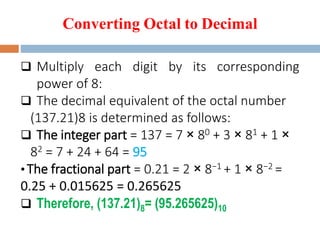 Converting Octal to Decimal
 Multiply each digit by its corresponding
power of 8:
 The decimal equivalent of the octal number
(137.21)8 is determined as follows:
 The integer part = 137 = 7 × 80 + 3 × 81 + 1 ×
82 = 7 + 24 + 64 = 95
• The fractional part = 0.21 = 2 × 8−1 + 1 × 8−2 =
0.25 + 0.015625 = 0.265625
 Therefore, (137.21)8= (95.265625)10
 