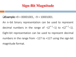 Sign-Bit Magnitude
Example:+9 = 00001001, −9 = 10001001.
An n−bit binary representation can be used to represent
decimal numbers in the range of −(2
n−1
−1) to +(2
n−1
−1).
Eight-bit representation can be used to represent decimal
numbers in the range from −127 to +127 using the sign-bit
magnitude format.
 
