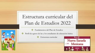 Estructura curricular del
Plan de Estudios 2022
❖ Fundamentos del Plan de Estudios
❖ Perfil de egreso de las y los estudiantes de educación básica
❖ Estructura curricular
 