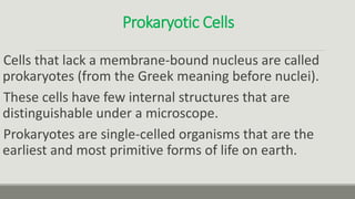 Prokaryotic Cells
Cells that lack a membrane-bound nucleus are called
prokaryotes (from the Greek meaning before nuclei).
These cells have few internal structures that are
distinguishable under a microscope.
Prokaryotes are single-celled organisms that are the
earliest and most primitive forms of life on earth.
 