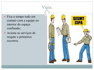 Vigia:
 Fica o tempo todo em
contato com a equipe no
interior do espaço
confinado;
 Aciona os serviços de
resgate e primeiros
socorros.
 