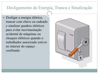 Desligamento de Energia, Tranca e Sinalização
 Desligar a energia elétrica,
trancar com chave ou cadeado
e sinalizar quadros elétricos
para evitar movimentação
acidental de máquinas ou
choques elétricos quando o
trabalhador autorizado estiver
no interior do espaço
confinado.
 